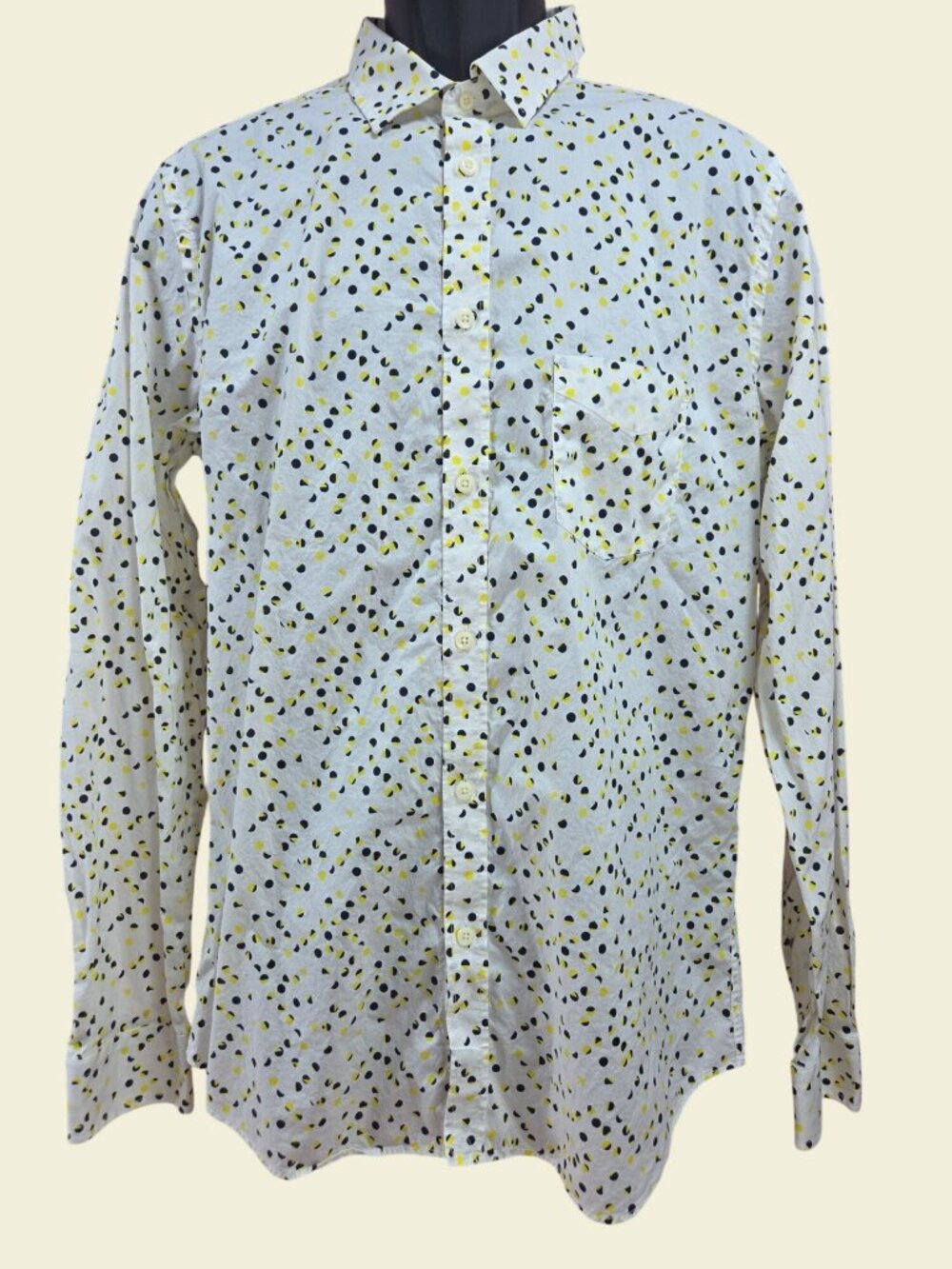 Diesel Industry Mens Long Sleeve Button-Up Shirt XL Yellow & Black Polka Dot
